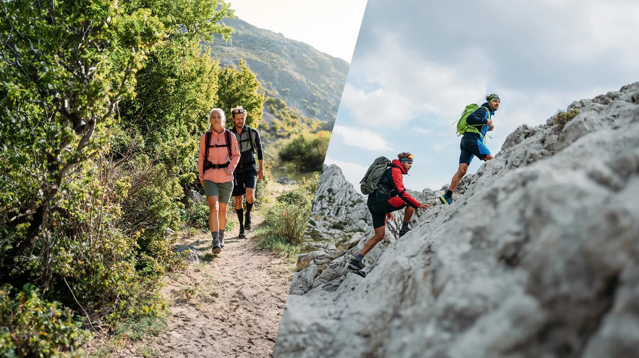 Mann und Frau wandern in Outdoorklamotten und Wanderschuhen